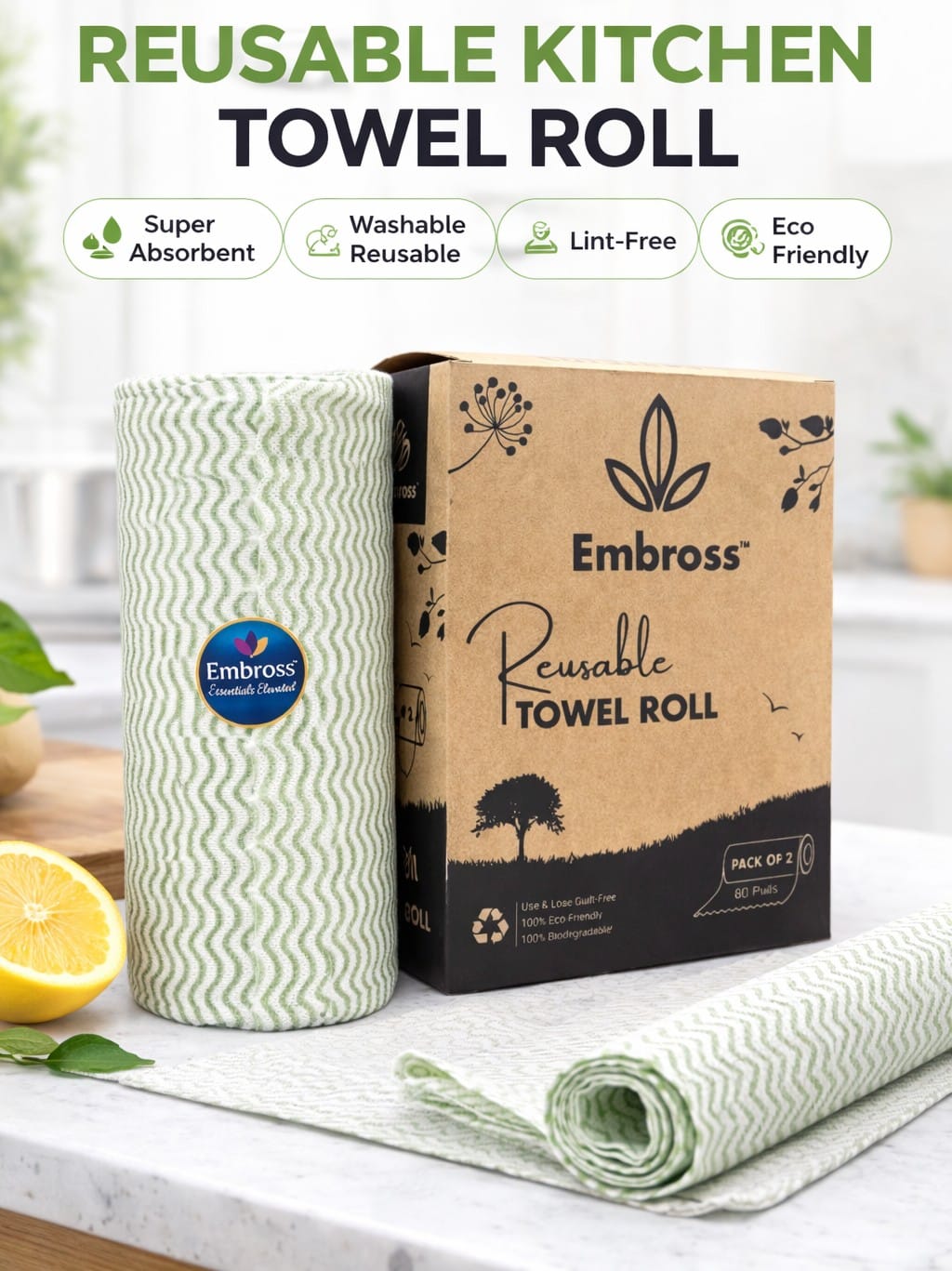 EMBROSS Reusable Towel Roll - Pack of 2 (80 Pulls per Roll)