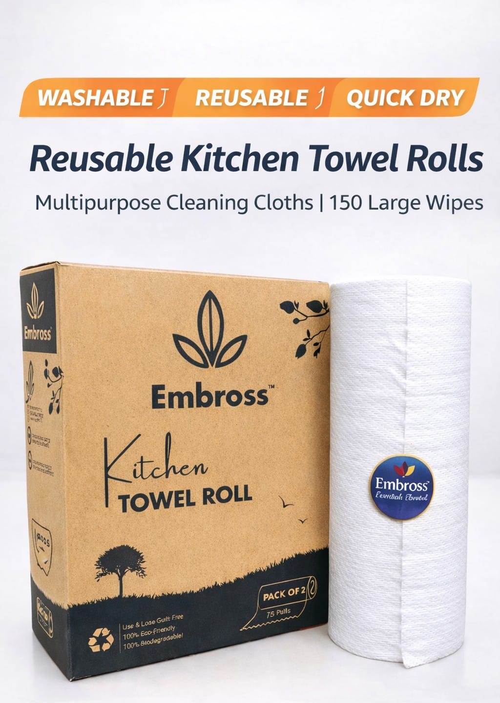EMBROSS Kitchen Towel Roll - Pack of 2 (75 Pulls per Roll)