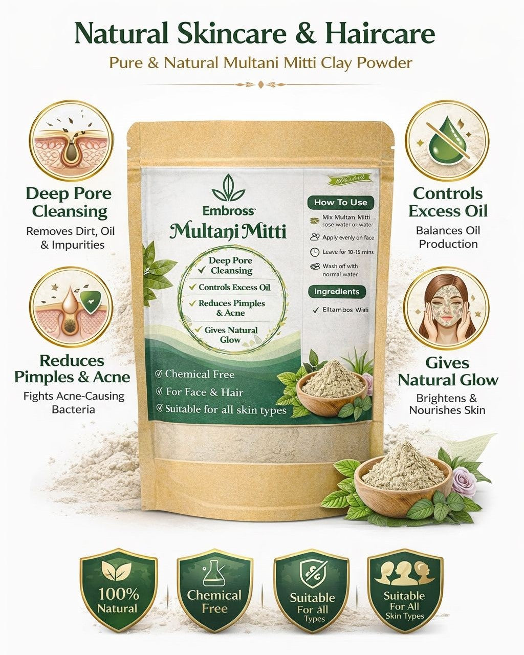 EMBROSS Multani Mitti Powder - 100% Natural Fuller's Earth