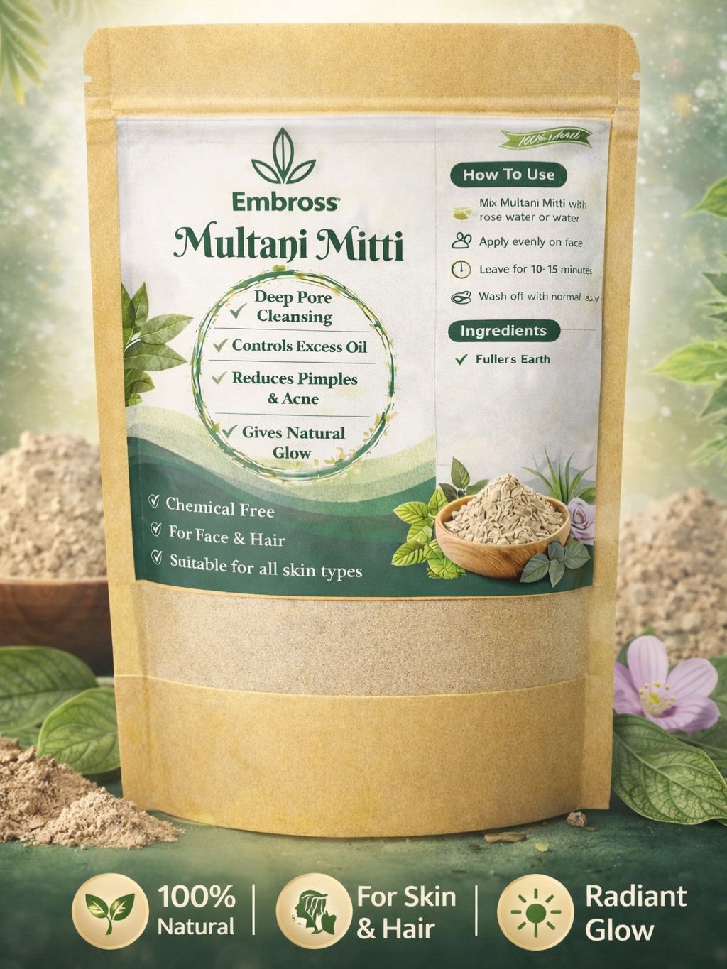 EMBROSS Multani Mitti Powder - 100% Natural Fuller's Earth