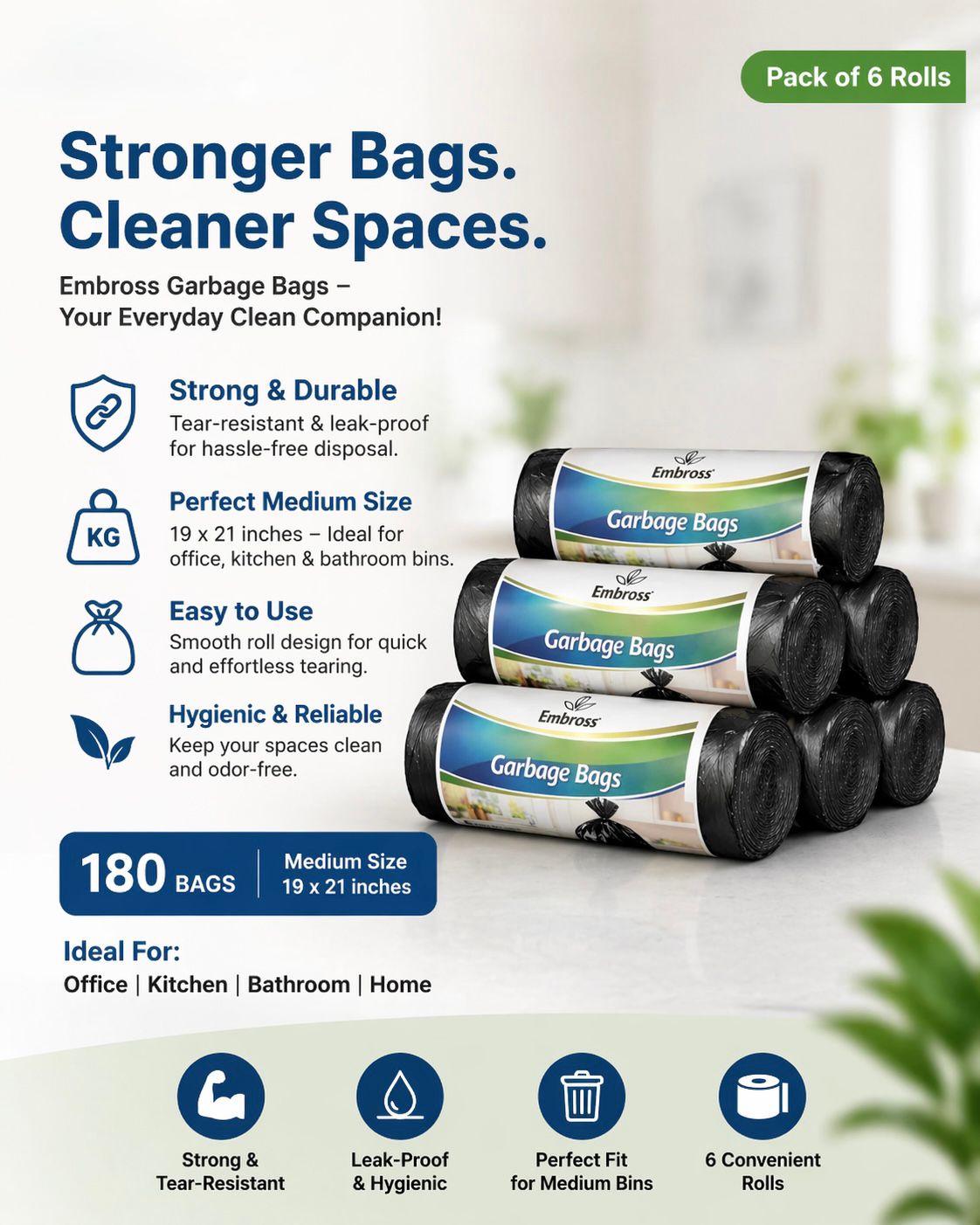 EMBROSS Multi-Purpose Garbage Bags (Pack of 6) - Medium